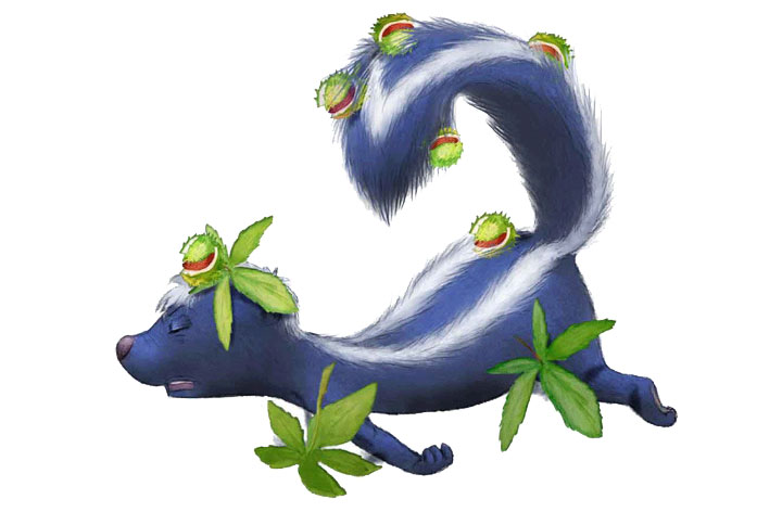 Illustration des Stinktiers Teo Dorant aus dem Kinderbuch „Teo Dorant“. Das Tier ist hingefallen und hat mehrere Kastanien und Blätter im Fell.