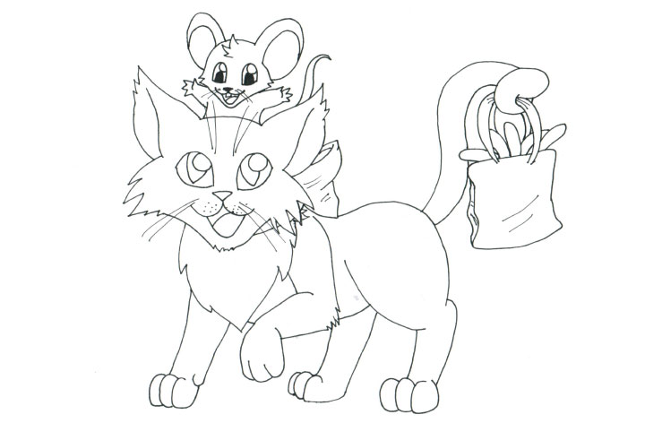 Katze, auf deren Kopf eine Maus sitzt.